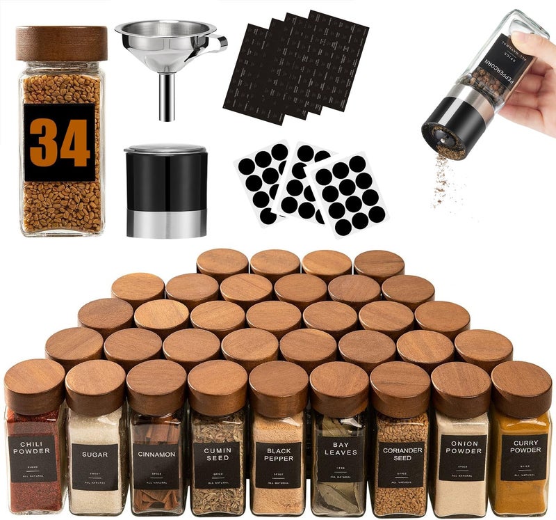Yangbaga 34Pcs Glass Spice Jars with Labels-4oz Acacia Wood Lid Square Spice Containers with Pepper Grinder Lids &Funnel,Seasoning Jars for Rack Cabinet Drawer - Image 1