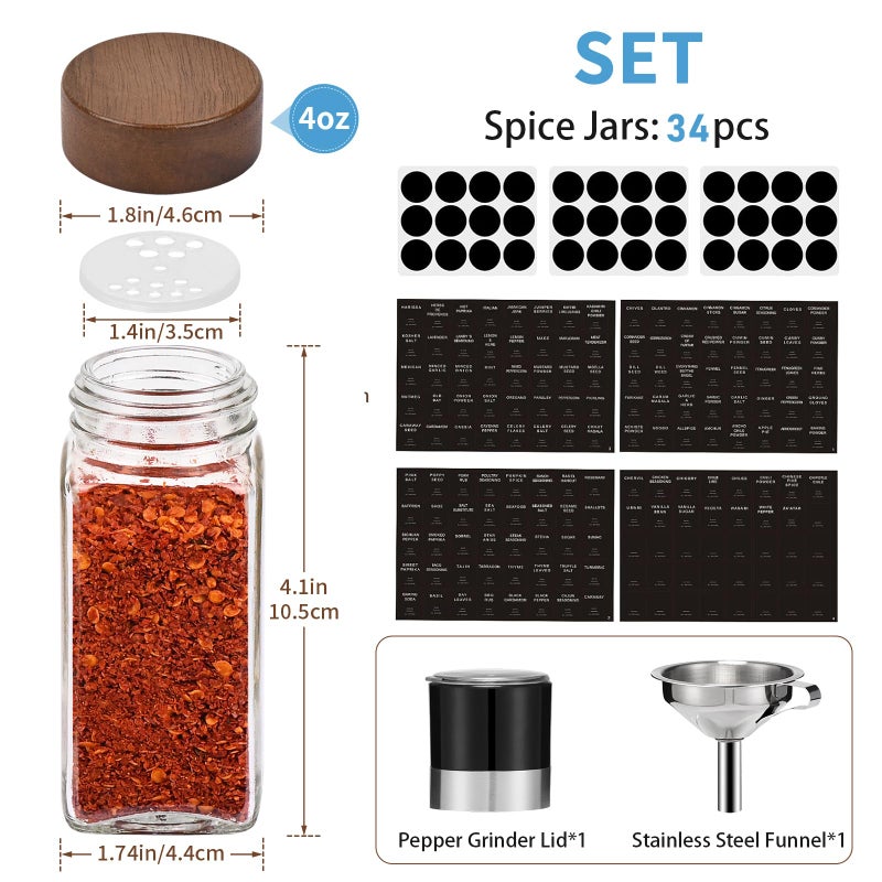 Yangbaga 34Pcs Glass Spice Jars with Labels-4oz Acacia Wood Lid Square Spice Containers with Pepper Grinder Lids &Funnel,Seasoning Jars for Rack Cabinet Drawer - Image 2