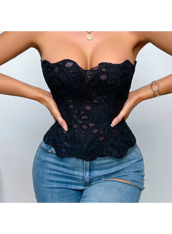 Vintage Women's Corset With Embroidery And Eyelet Trim, Breathable Woven Top For Going Out, Party, Club