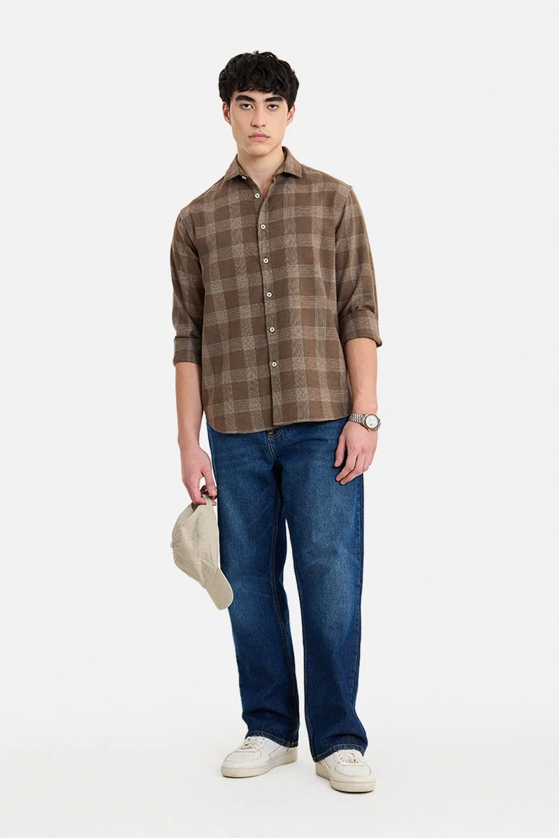 سنيتش Brown Checkered Long Sleeve Regular Fit Shirt