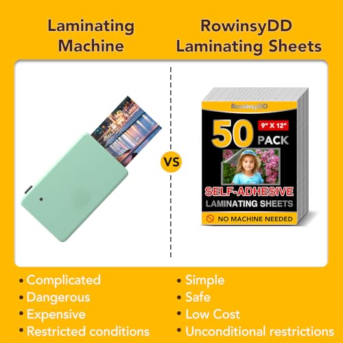 RowinsyDD 50 Pack Self Adhesive Laminating Sheets, 9 X 12 Inch, Clear Sticker Laminate Sheets Waterproof for Documents, Photos, No Machine Needed Heatless Durable - Image 4