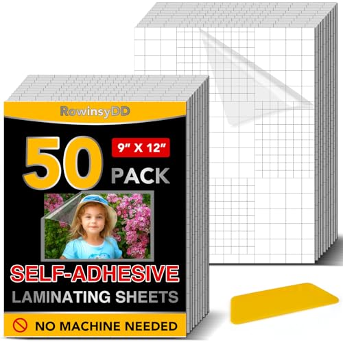 RowinsyDD 50 Pack Self Adhesive Laminating Sheets, 9 X 12 Inch, Clear Sticker Laminate Sheets Waterproof for Documents, Photos, No Machine Needed Heatless Durable - Image 1