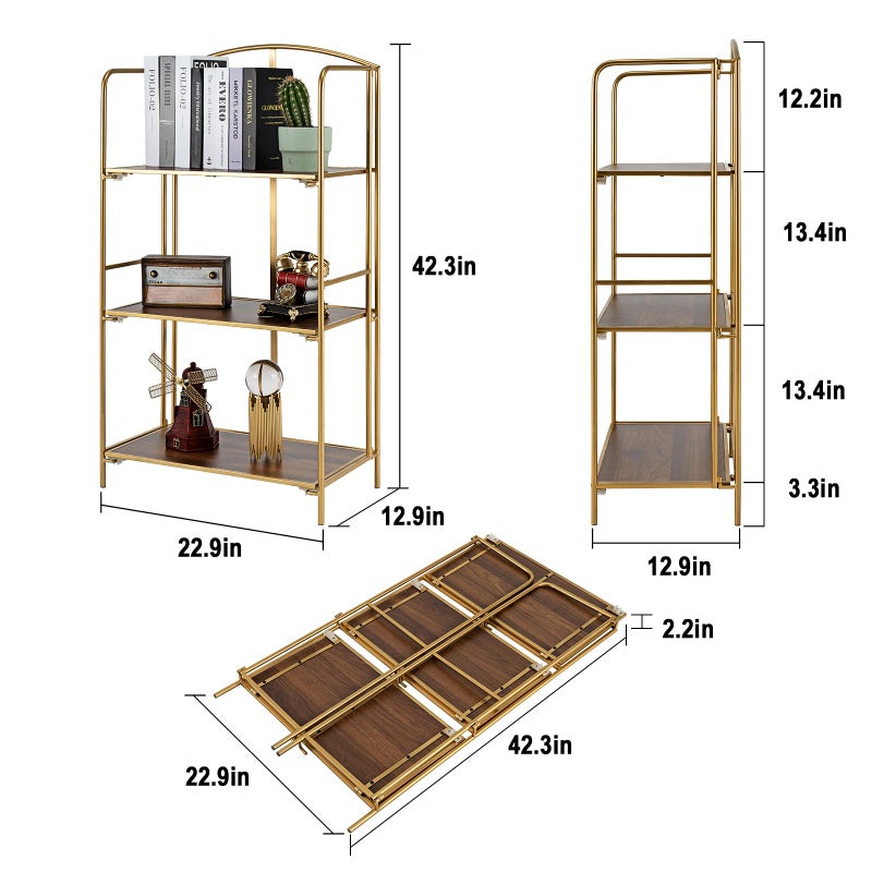 Crofy No Assembly Folding Bookshelf for Living Room, 3 Tier Gold Collapsible Book Shelf for Home Office, Portable Bookcase Storage Organizer - Image 3