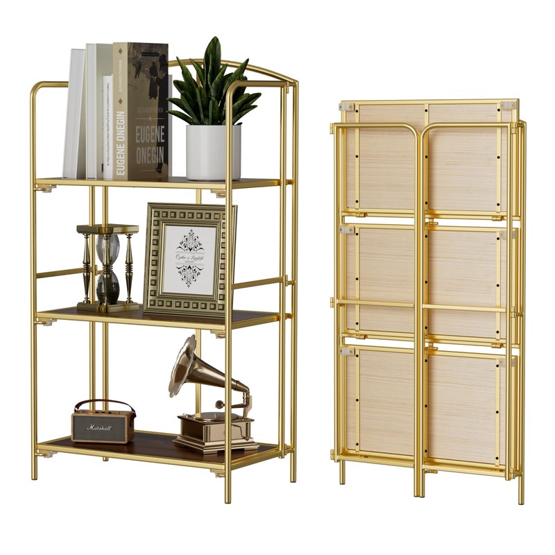 Crofy No Assembly Folding Bookshelf for Living Room, 3 Tier Gold Collapsible Book Shelf for Home Office, Portable Bookcase Storage Organizer - Image 1