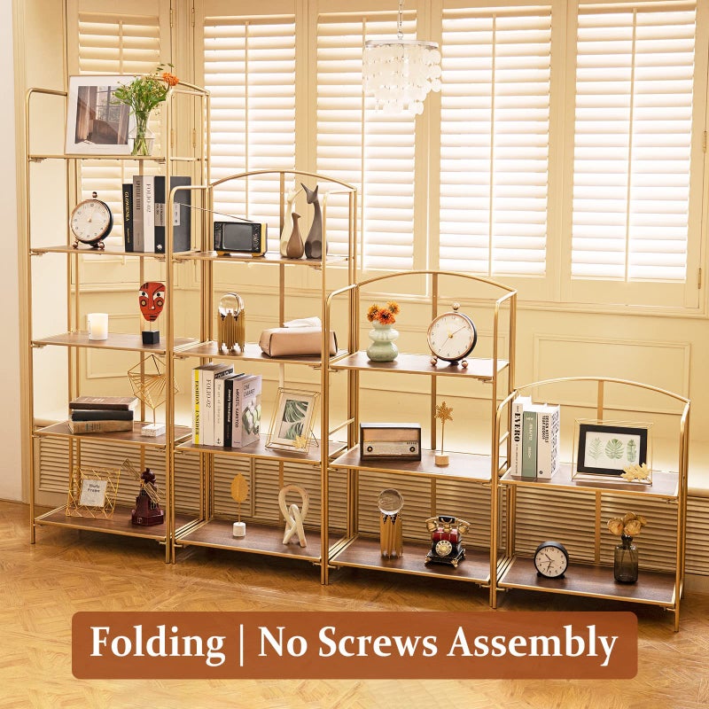 Crofy No Assembly Folding Bookshelf for Living Room, 3 Tier Gold Collapsible Book Shelf for Home Office, Portable Bookcase Storage Organizer - Image 2