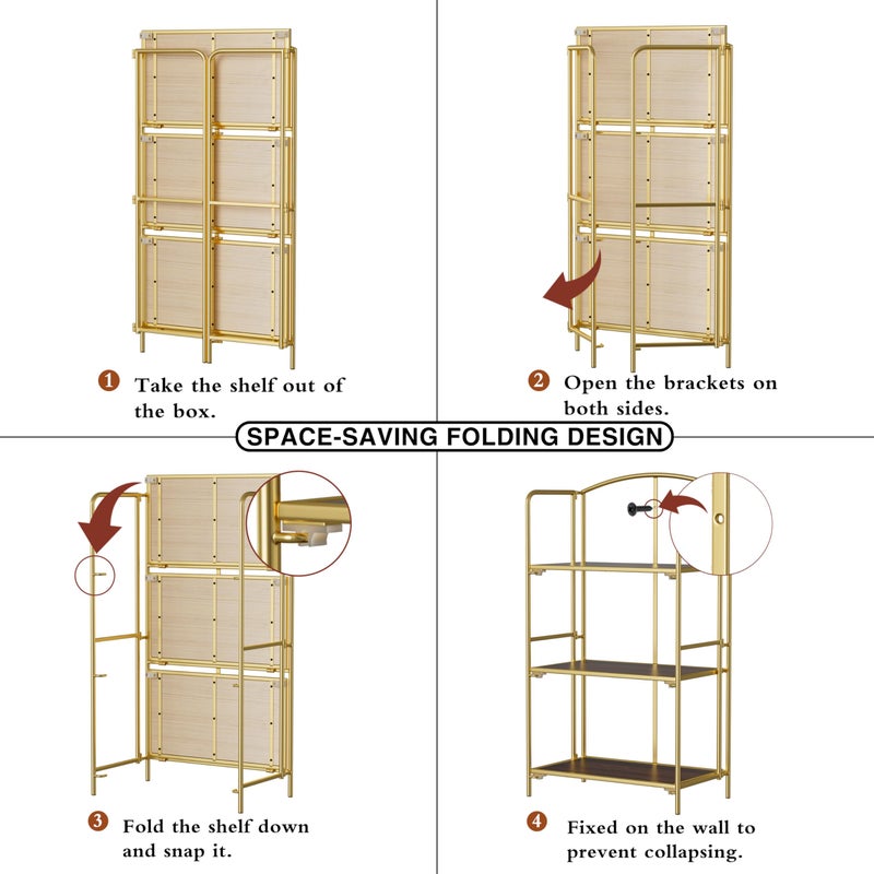 Crofy No Assembly Folding Bookshelf for Living Room, 3 Tier Gold Collapsible Book Shelf for Home Office, Portable Bookcase Storage Organizer - Image 5
