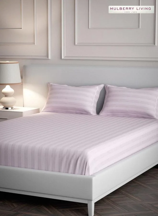 Mulberry Living 100% Cotton Queen Flat Bedsheet With 2 Pillow Covers - 300Tc Elysian Stripes - Cameo Rose