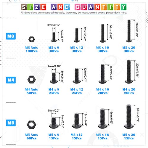Glarks 510Pcs M3 M4 M5 Alloy Steel Button Head Socket Cap Bolts Screws with Nuts Assortment Kit Black Oxide FinishButton Head - Image 3