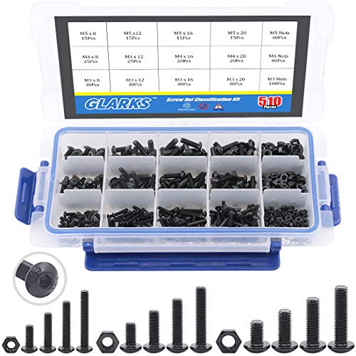 Glarks 510Pcs M3 M4 M5 Alloy Steel Button Head Socket Cap Bolts Screws with Nuts Assortment Kit Black Oxide FinishButton Head - Image 1