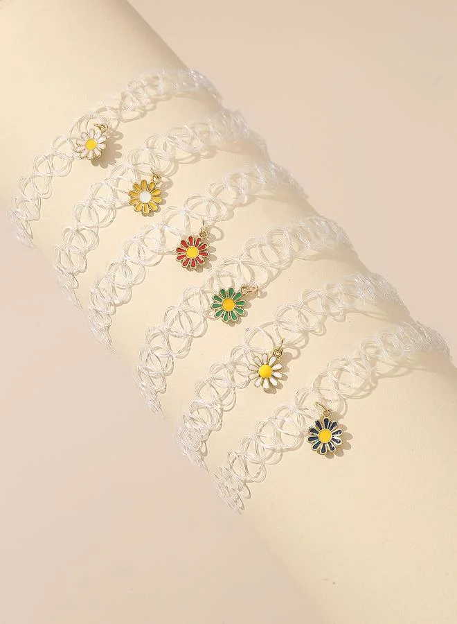 Take Two Pack of 6 - Girls Multi-Color Daisy Charm Choker Necklaces