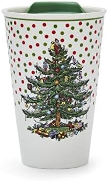 Spode كوب سفر شجرة عيد الميلاد من سبود مع غطاء 8 أونصات لكوب القهوة لمشروبات العطلات آمن في غسالة الصحون والميكروويف من السيراميك تصميم عيد الميلاد الاحتفالي للذهاب بنقاط البولكا - Image 1