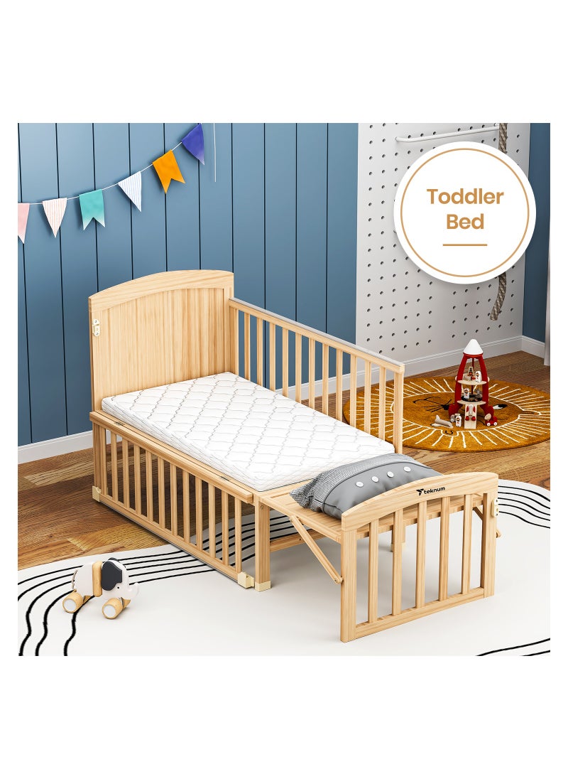 TEKNUM TEKNUM 7in1 Convertible Kids Bed and Bedside Crib with Mattress, Mosquito net and Detachable Wheels(0 - 12yrs) - Natural Wood  - Image 4