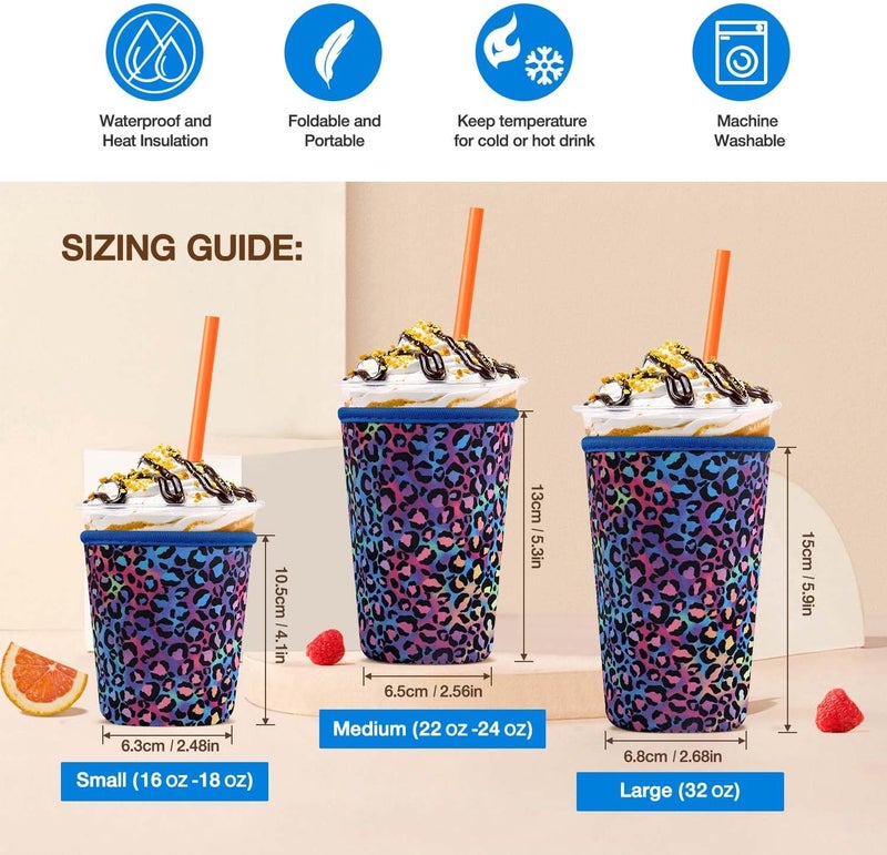 كي بي اكس Iced Coffee Cup Sleeve for Large Sized Cups, Reusable Neoprene Iced Coffee Cup Holder for Hot Cold Drinks, Compatible with Starbucks, Dunkin Donuts, and More (Sparkling Leopard) - Image 2