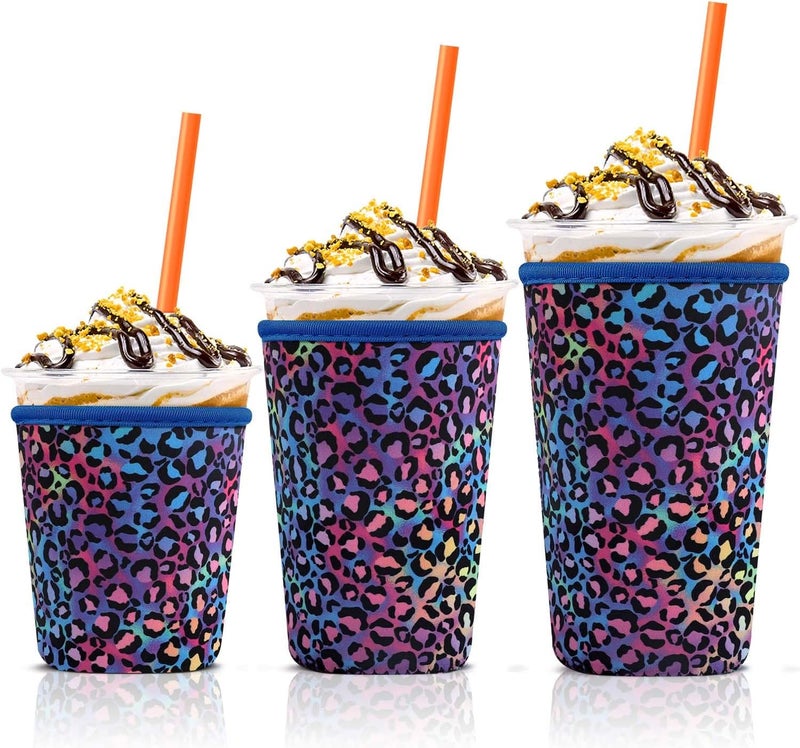 كي بي اكس Iced Coffee Cup Sleeve for Large Sized Cups, Reusable Neoprene Iced Coffee Cup Holder for Hot Cold Drinks, Compatible with Starbucks, Dunkin Donuts, and More (Sparkling Leopard) - Image 1