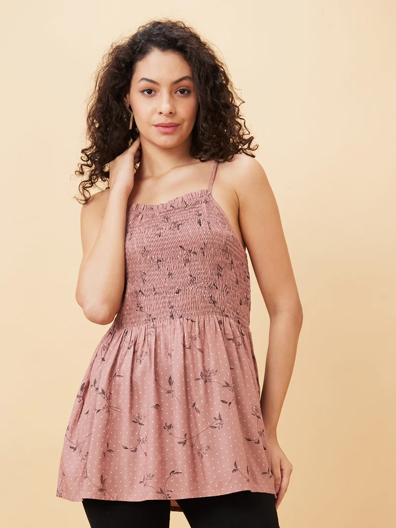 جلو باص بلوزة نسائية مطبوعة بالزهور بحمالات وسموك من جلوبس