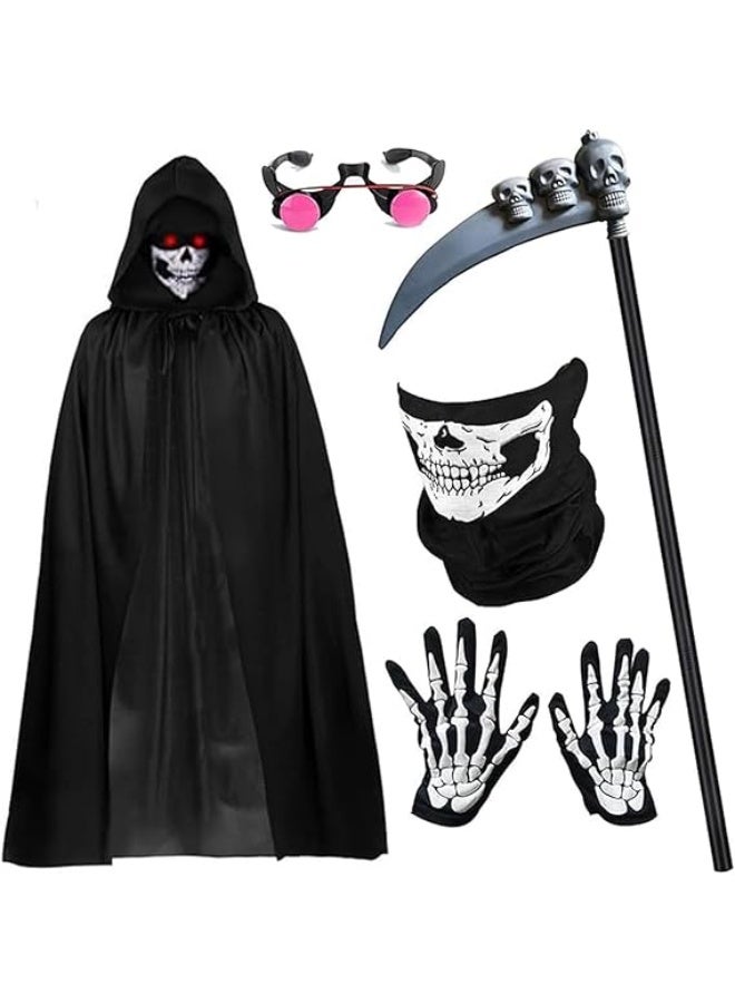 Brain Giggles BrainGiggles Grim Reaper Halloween Costume for Adults – Black Velvet Hooded Cape with Skull Face Mask, Skeleton Gloves & Scythe Prop – Scary Death Costume for Men & Women (2X Large) - Image 1