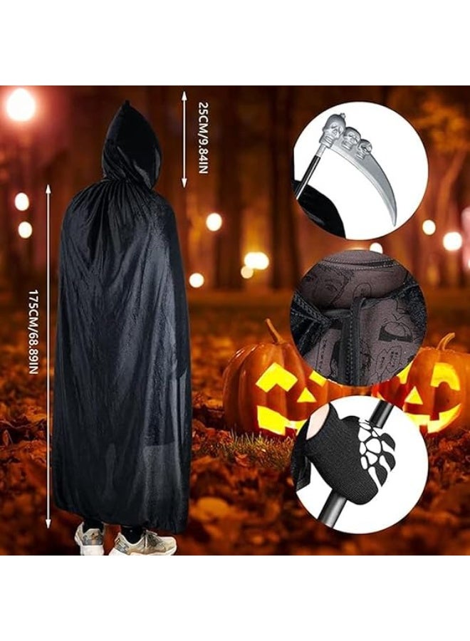 Brain Giggles BrainGiggles Grim Reaper Halloween Costume for Adults – Black Velvet Hooded Cape with Skull Face Mask, Skeleton Gloves & Scythe Prop – Scary Death Costume for Men & Women (2X Large) - Image 2