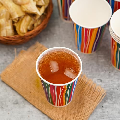 PARICOTT 300ml – 200 Cups | Multi Stripe Printed Paper Cups | Disposable Use & Throw Glasses for Tea, Coffee, Juice, Water, Wine, Cocktail, Party, Travel, Wedding, Events – Eco-Friendly - Image 4
