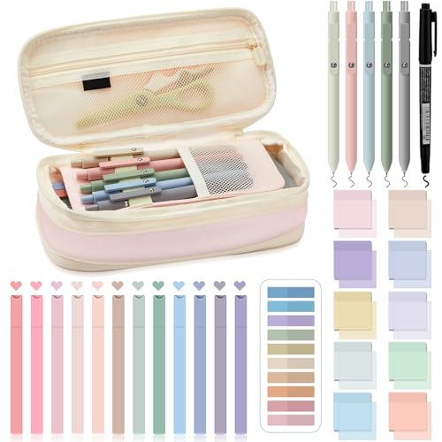 Jutom 39 Pcs Aesthetic Book Annotation Kit Highlighter with Pencil Case Bag Gel Pen Transparent Sticky Note Taking Bible Study College School Supplies(Pink,Cute Style) - Image 1