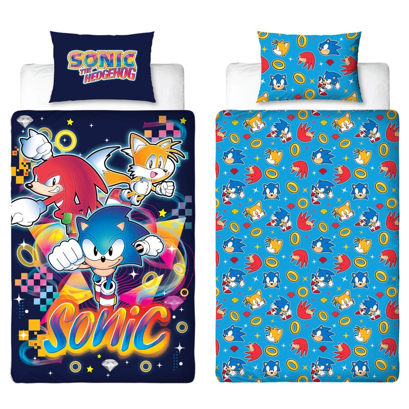 Sonic The Hedgehog Design Gaming Single Duvet Cover Set  Reversible 2 Sided Bedding with Tails and Knuckles Including Matching Pillow Case  Perfect For Kids Bedroom