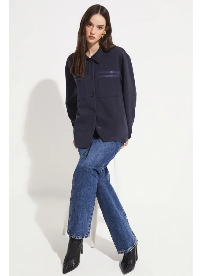 JUNE June Zipper Detailed Viscose Blend Shirt Jacket Navy