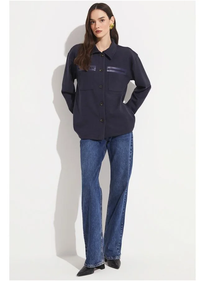 JUNE June Zipper Detailed Viscose Blend Shirt Jacket Navy