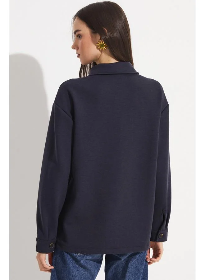 JUNE June Zipper Detailed Viscose Blend Shirt Jacket Navy
