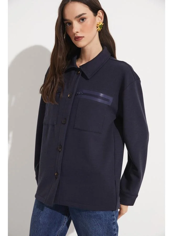 JUNE June Zipper Detailed Viscose Blend Shirt Jacket Navy
