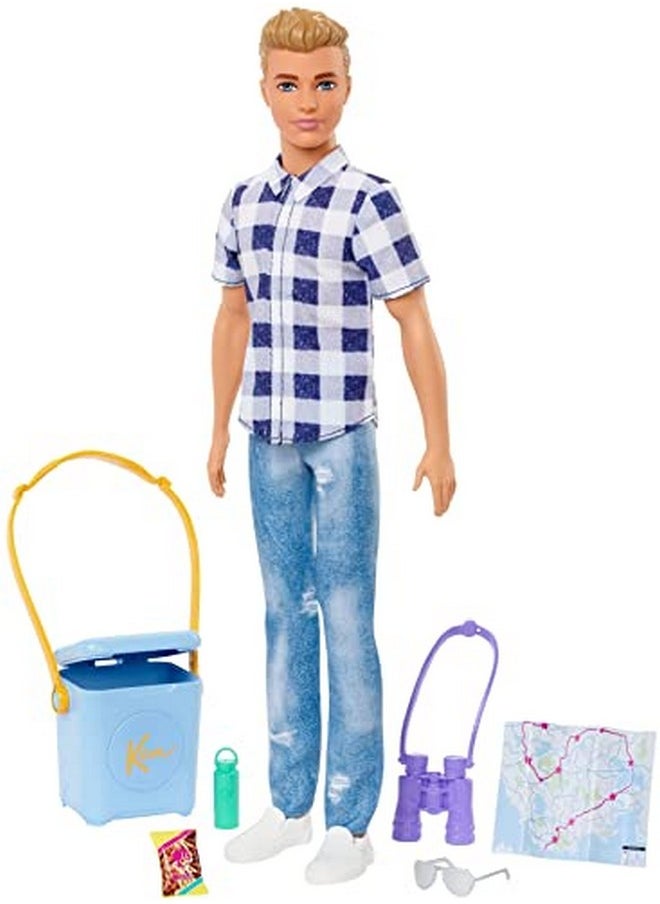 Barbie It Takes Two Doll & Accessories Camping Set With Cooler Map & More Blonde Ken Doll With Blue Eyes In Plaid Shirt  - Image 1