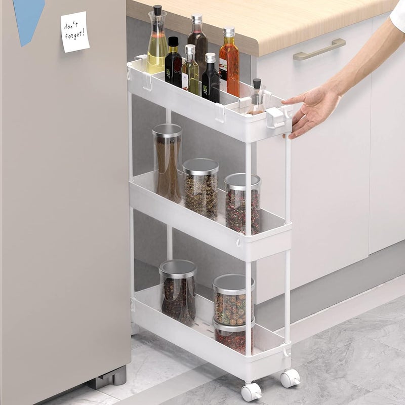 SPACELEAD Slim Storage Cart,3 Tier Bathroom Rolling Utility Cart Storage Organizer Slide Out Cart, Mobile Shelving Unit Organizer Trolley for Office Bathroom Kitchen Laundry Room Narrow Places, White - Image 2
