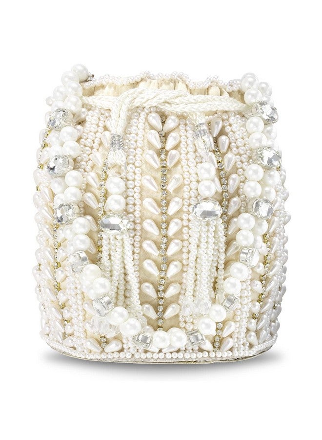 PEORA حقائب بوتلي مزينة من بيورا للنساء والفتيات حقيبة مسائية عرقية مع حزام معصم حقيبة زفاف مع سحب هدية للنساء، بيضاء - Image 1