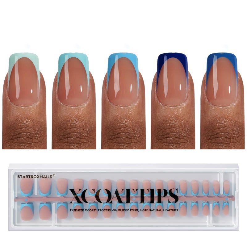 BTArtboxnails XCOATTIPS French Tip Press On Nails - Blue Press On Nails Short, Square Fake Nail Tips, 160Pcs Soak Off Soft Gel Acrylic Brown Nail Extension in 16 Sizes - Image 1