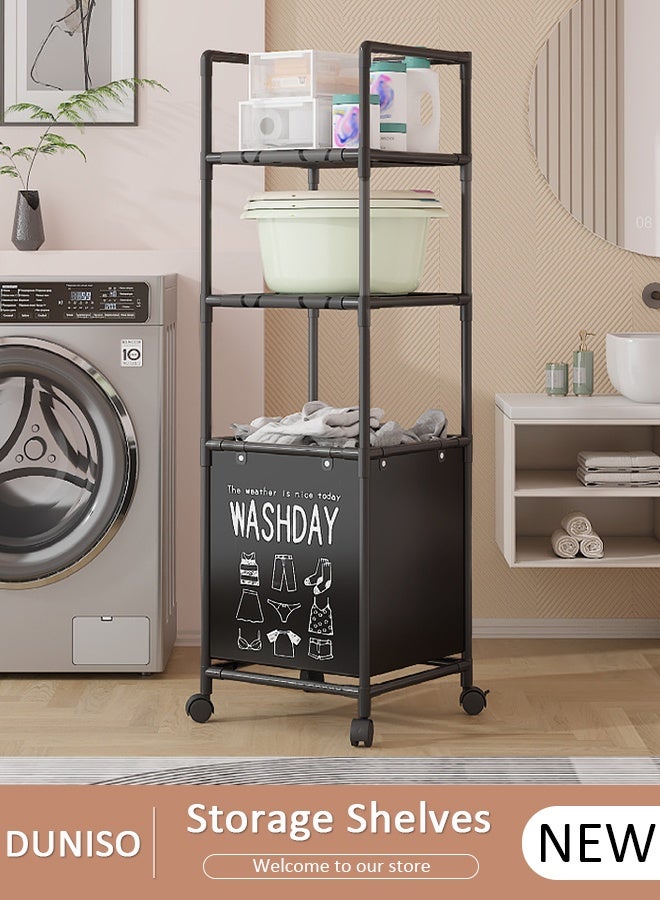 DUNISO Laundry Basket with 3 Tier Storage Shelf,Laundry Hamper with Wheels,Laundry Sort with Divided Bag for Laundry Room, Bathroom, Bedroom, Dorm, 42*32*130cm - Image 1