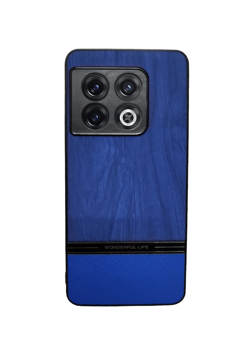 Elmo3ezz Shockproof Wood Grain Skin PU and TPU Shockproof Luxury Phone Case for OnePlus 10 Pro (Blue)