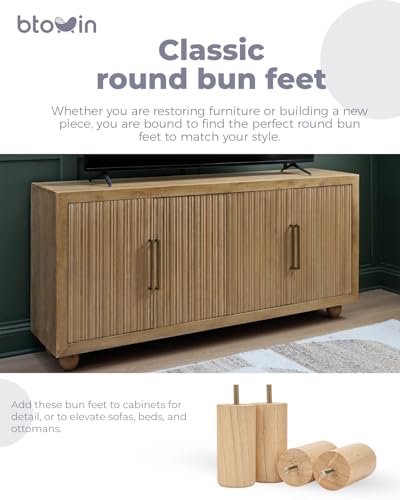Btowin Solid Wood Furniture Legs, 4Pcs Modern Round Wooden Bun Feet Sofa Legs with Threaded M8 Hanger Bolts & Mounting Plate & Screws for Sofa Couch Cabinet Bed(4 inch /10cm,Varnish) - Image 2