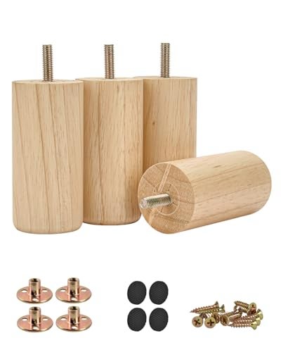 Btowin Solid Wood Furniture Legs, 4Pcs Modern Round Wooden Bun Feet Sofa Legs with Threaded M8 Hanger Bolts & Mounting Plate & Screws for Sofa Couch Cabinet Bed(4 inch /10cm,Varnish) - Image 5