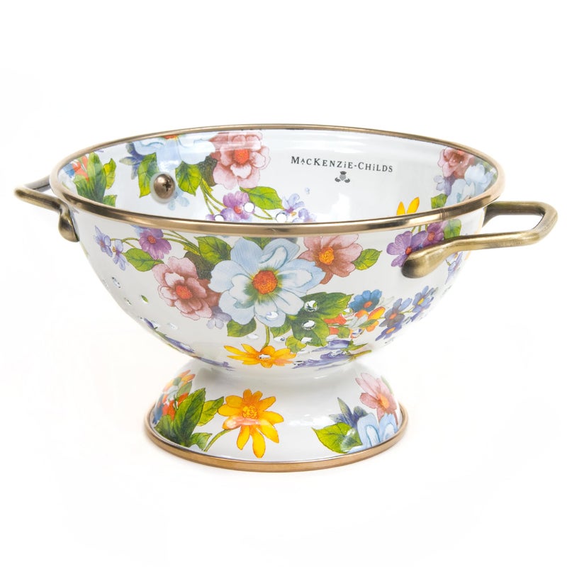 MACKENZIECHILDS Enamel Colander Decorative Kitchen Strainer Small White Flower Market