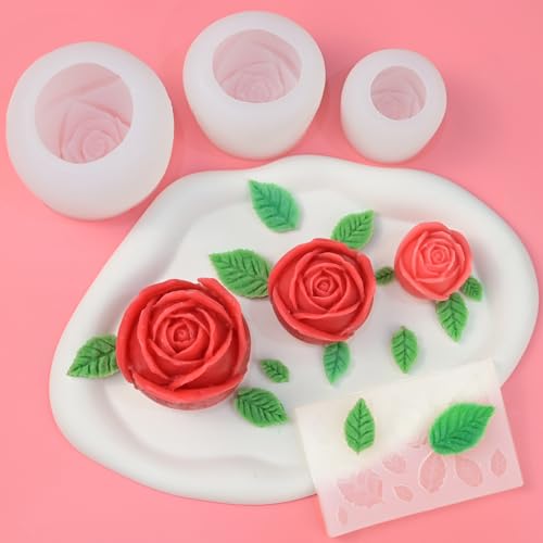 ZQYSING 4 Pack Rose Candle Molds with Leaf Mold, Set of Large + Medium + Small 3D Rose Flower Silicone Molds for Candles Making Epoxy Resin Casting Handmade Soap Clay Plaster Home Décor Mom Gift - Image 2