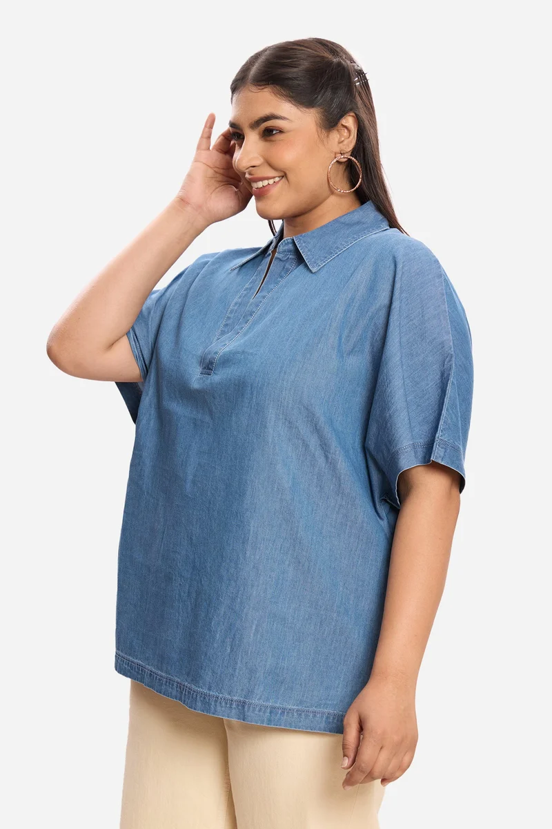 Virgio Solid Cotton Denim Plus Size Popover for Women