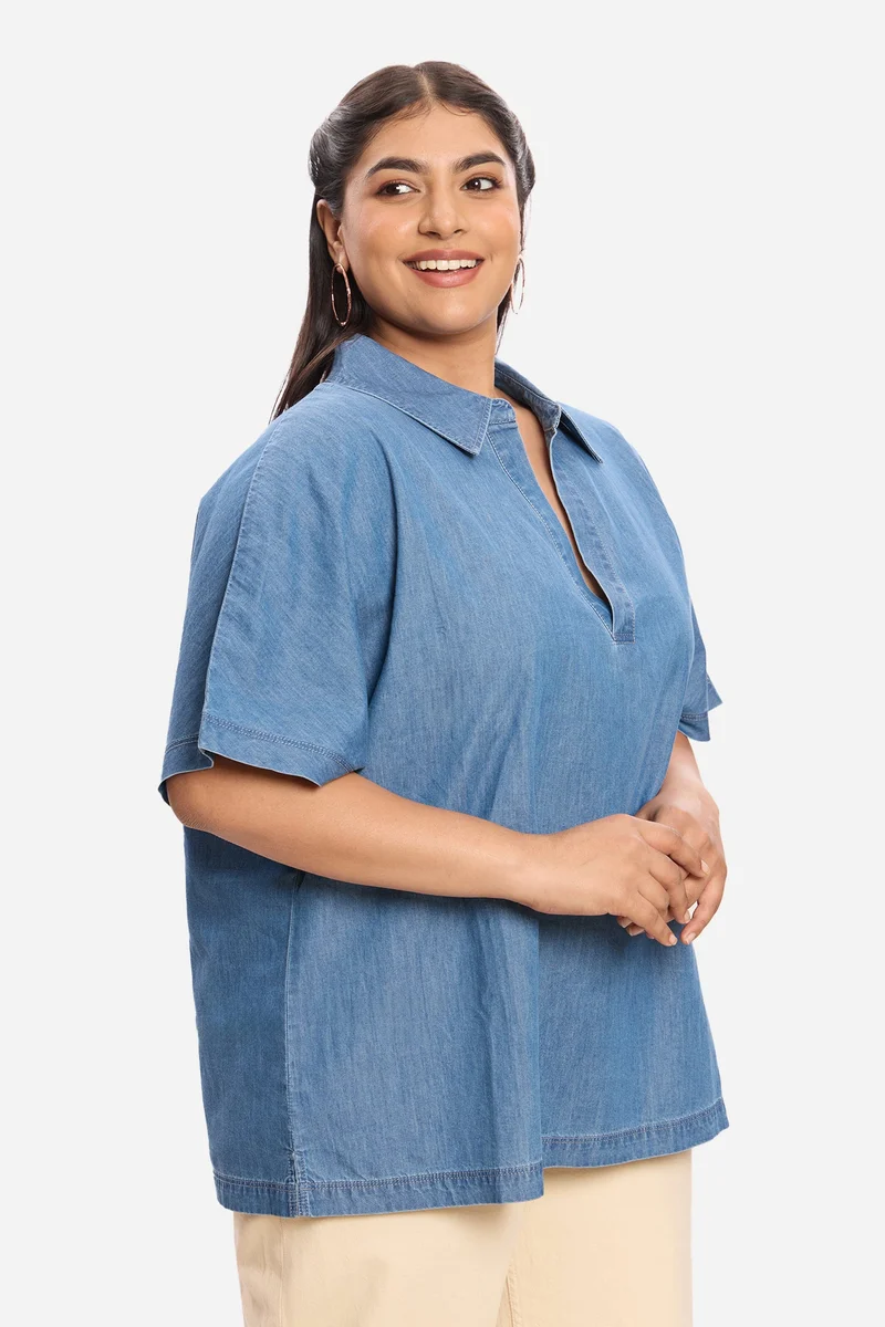 Virgio Solid Cotton Denim Plus Size Popover for Women