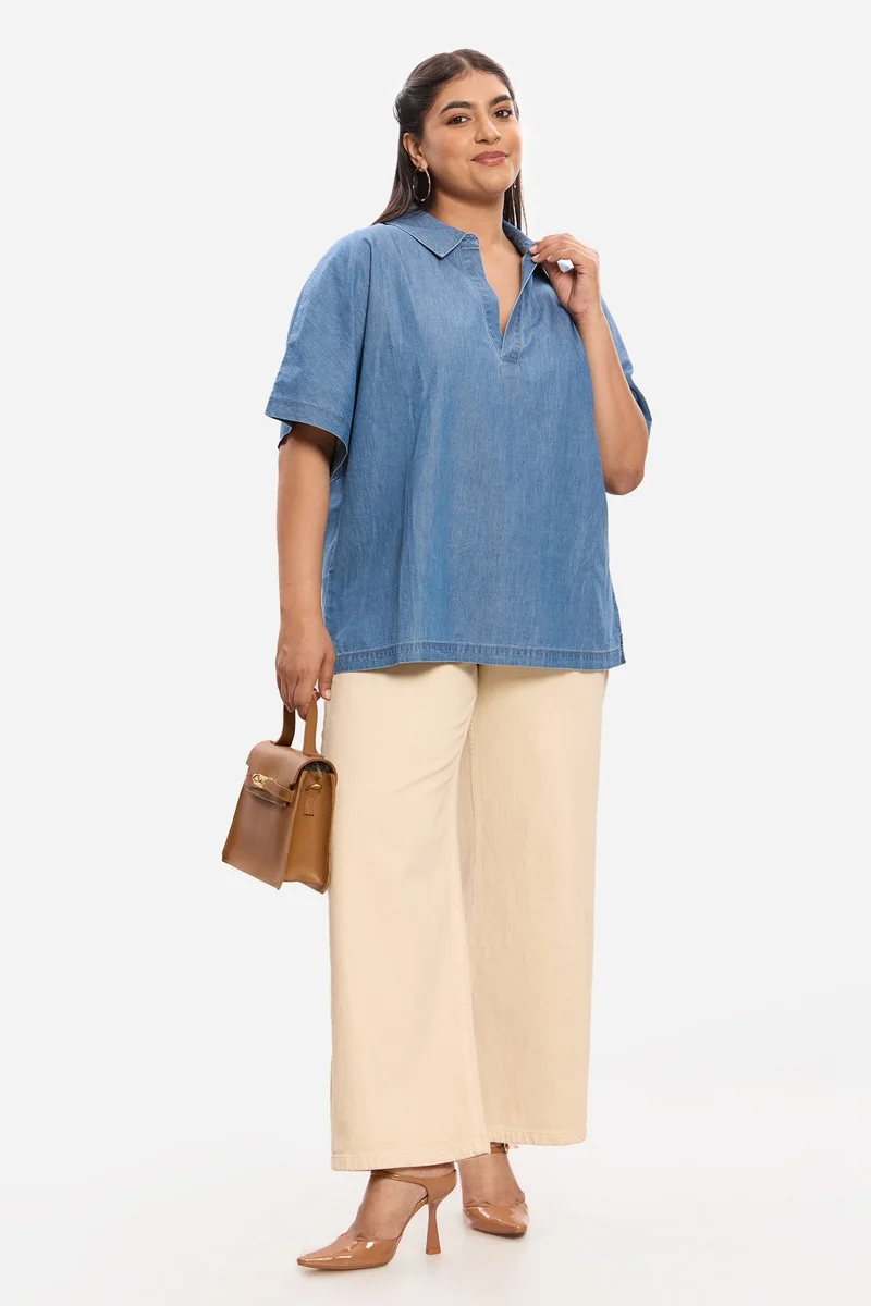 فيرجيو Solid Cotton Denim Plus Size Popover for Women