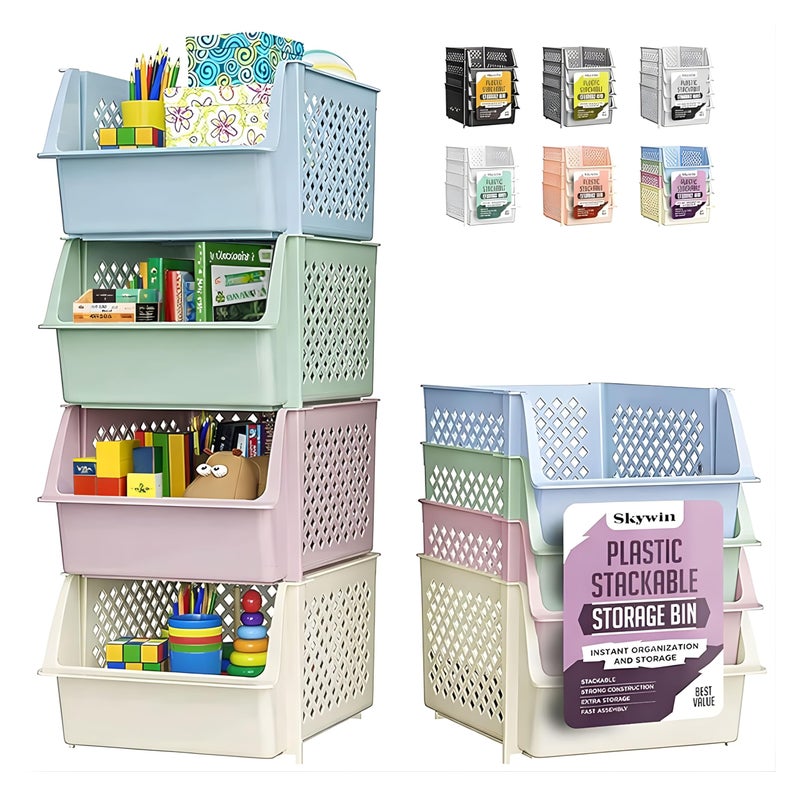 Skywin TidyFriend Stackable Storage Bins for Pantry, 4 Pack Stackable Bins For Organizing Food, Kitchen, and Bathroom Essentials (Multi) - Image 1