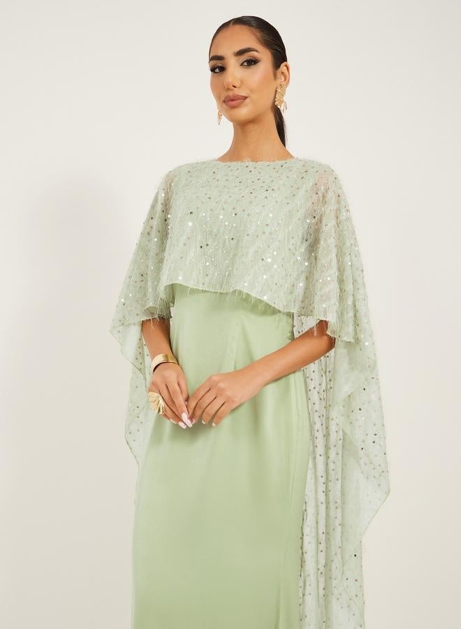 Styli Embellished Cape Sleeve A-Line Maxi Dress  - Image 3
