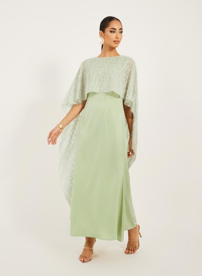Styli Embellished Cape Sleeve A-Line Maxi Dress  - Image 2