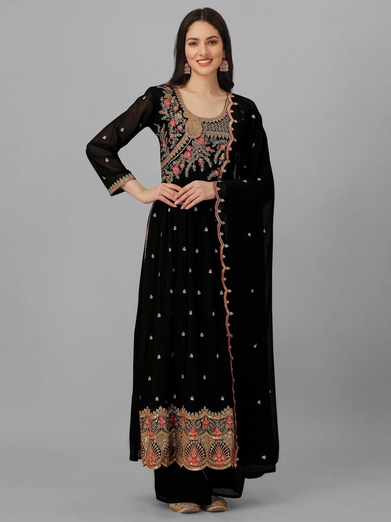 TRENDMALLS Women's Georgette Embroidery Salwar Suit Set Kurta Palazzo with Dupatta (G126-Black-XL) - Image 3
