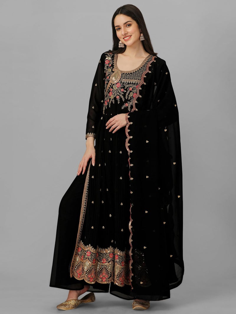 TRENDMALLS Women's Georgette Embroidery Salwar Suit Set Kurta Palazzo with Dupatta (G126-Black-XL) - Image 4