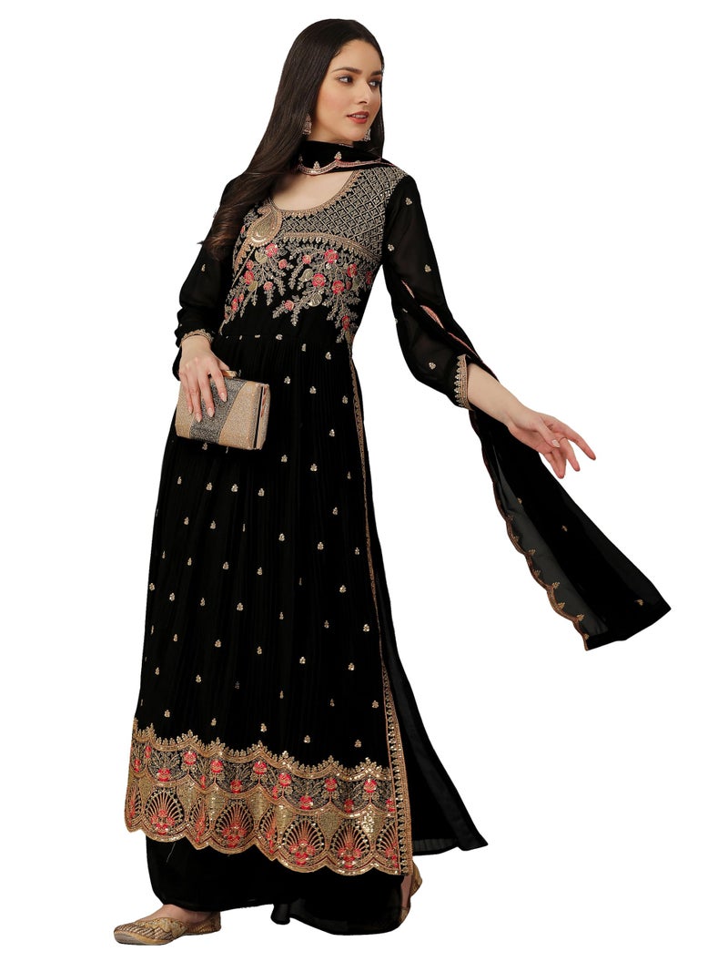 TRENDMALLS Women's Georgette Embroidery Salwar Suit Set Kurta Palazzo with Dupatta (G126-Black-XL) - Image 1