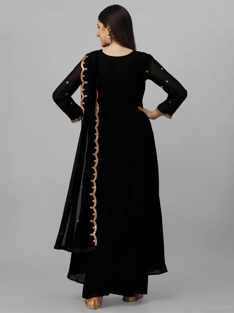TRENDMALLS Women's Georgette Embroidery Salwar Suit Set Kurta Palazzo with Dupatta (G126-Black-XL) - Image 2