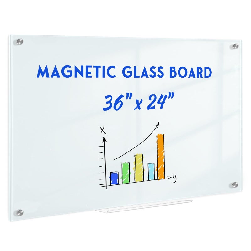 QUEENLINK Magnetic Glass Whiteboard for Wall 36 x 24 Glass Dry Erase Board Large Frameless White Board for Home and Office with 1 Marker Tray Normal White