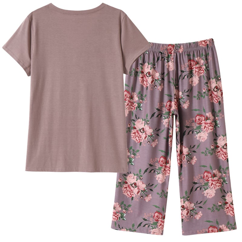 Vozanet Women's V Neck Sexy Pajama Sets Capri Sleepwear Floral Elegant Nighty 2PCS Plus Size S-3XL, Florals-Brown, XXX-Large - Image 2